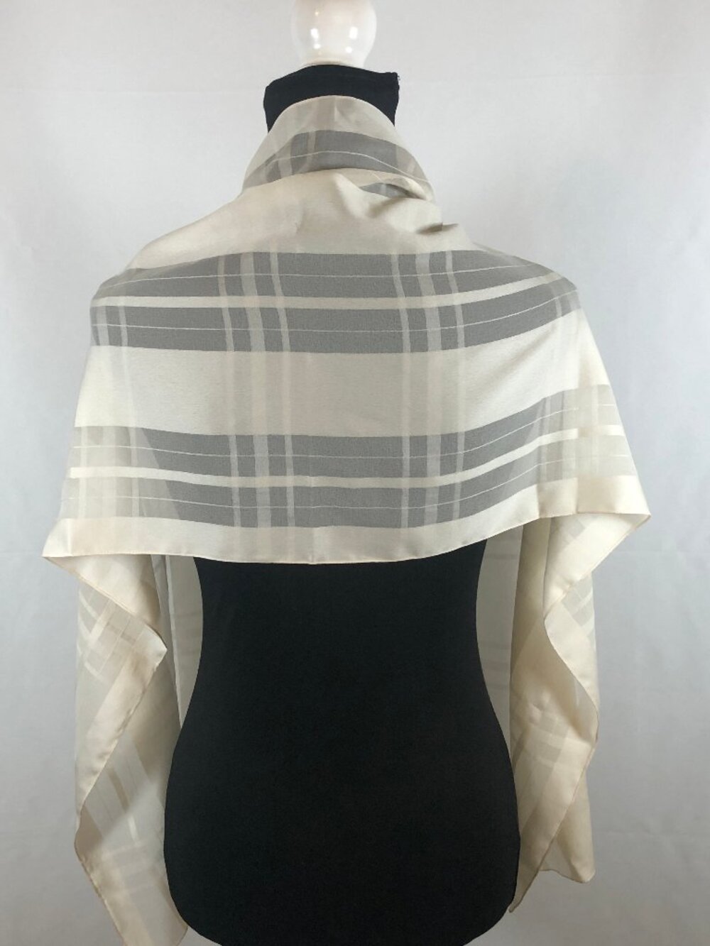 Vintage Sheer Ivory/Champagne Plaid Scarf — Quiet Luxury Minimalist Elegance - Picture 9 of 13